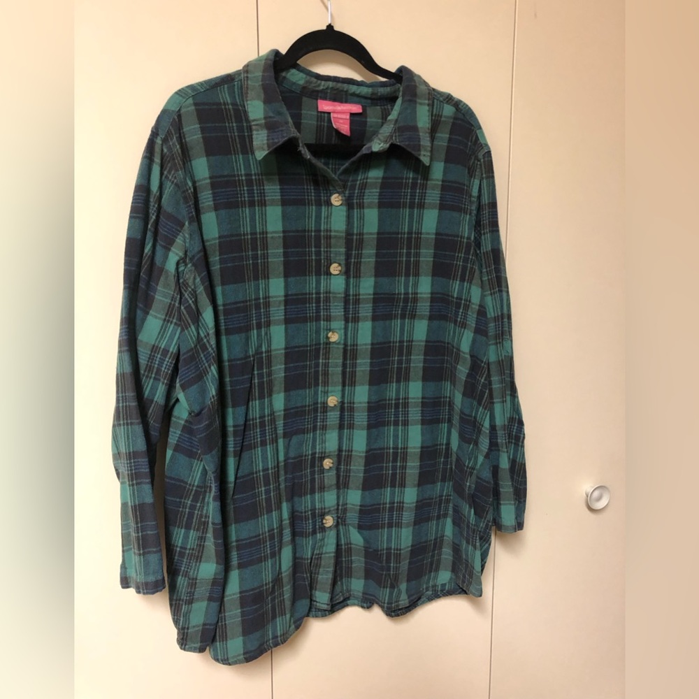 Green Plaid Flannel Shirt, 2X
